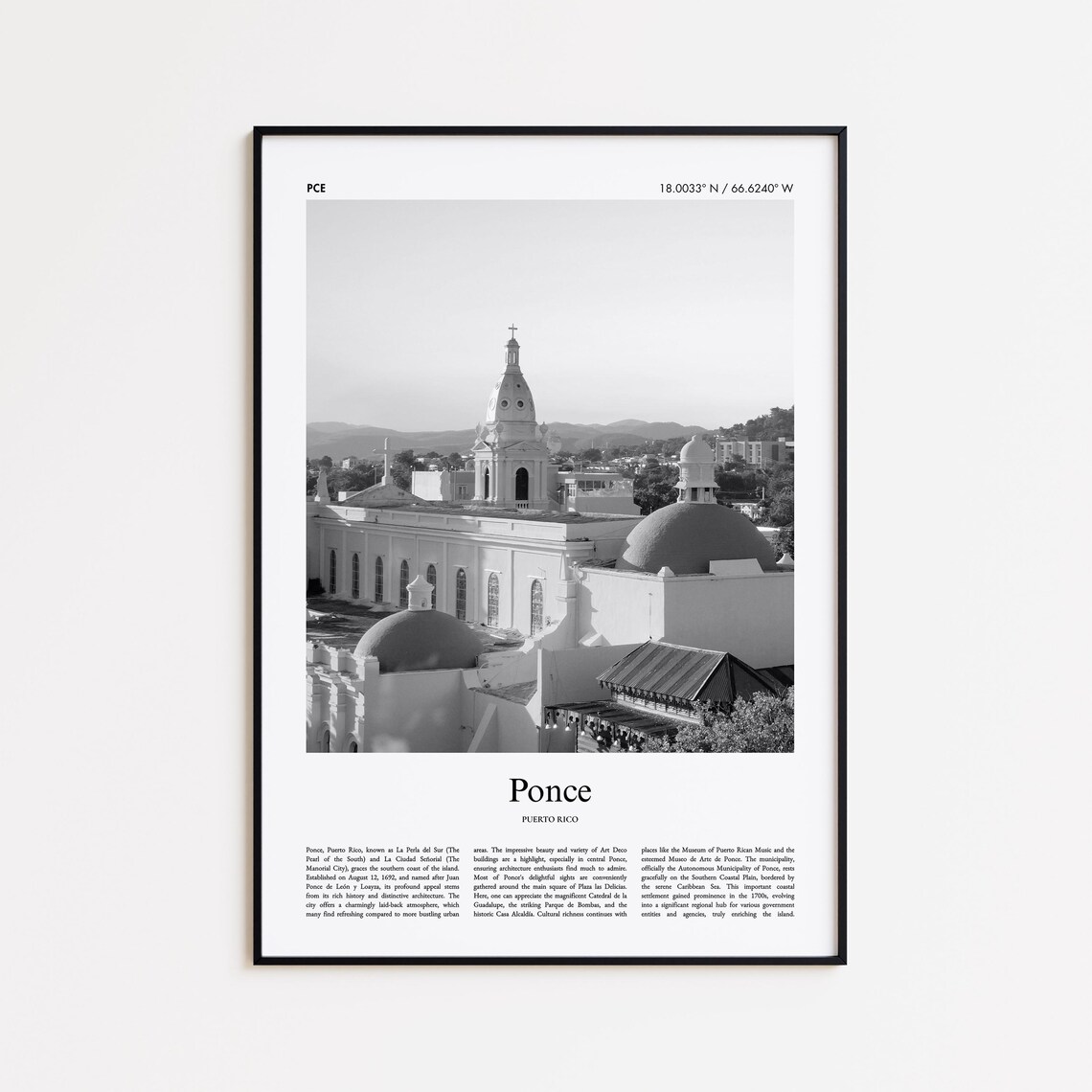 Ponce Puerto Rico Cathedral Plaza Black White Travel Photo Print