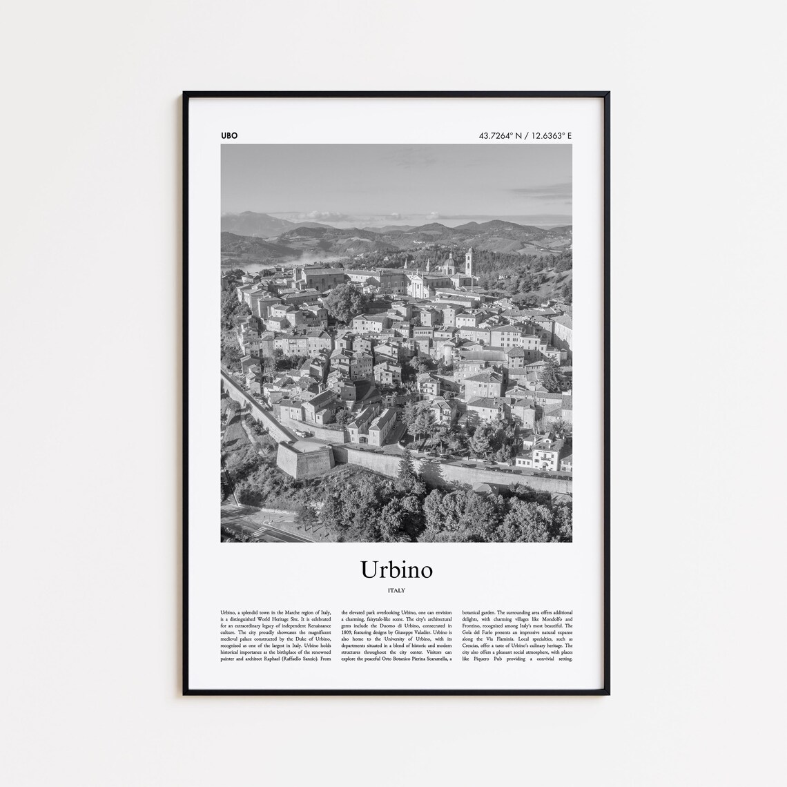 Urbino Hill Town Panorama Black White Italy Photo Poster Art