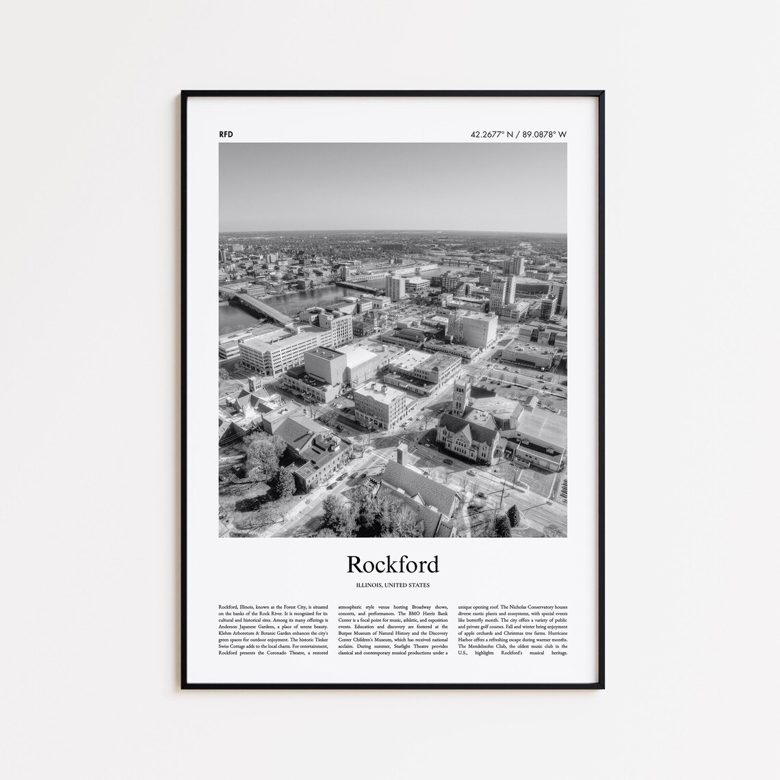 Rockford Illinois Aerial Cityscape Black and White Travel Poster