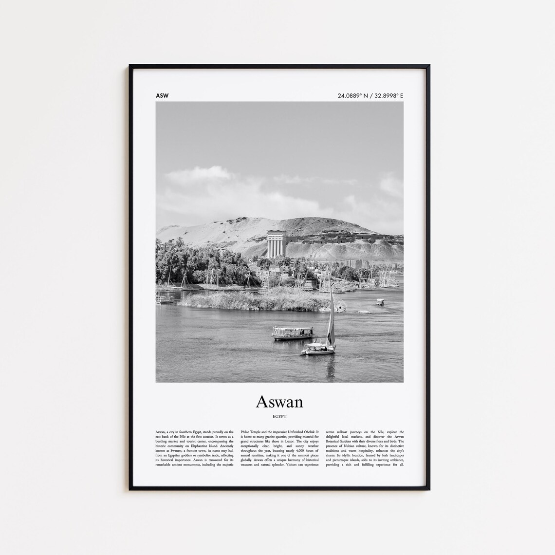 Aswan Egypt Black And White Nile Felucca Photo Minimal Travel Poster