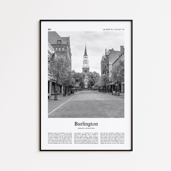 Burlington Vermont Church Street Clock Tower Black White Travel Poster