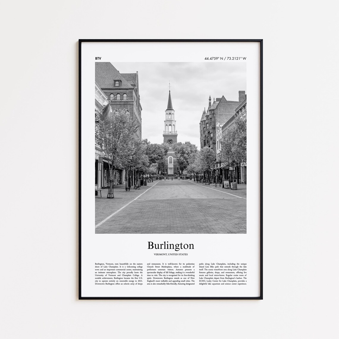 Burlington Vermont Church Street Clock Tower Black White Travel Poster