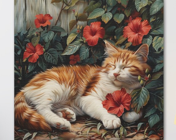 Orange and White Cat Sleeping Among Red Hibiscus Flowers Poster