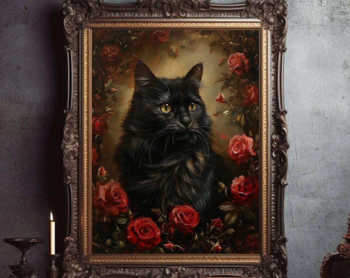 Long Haired Black Cat Portrait Surrounded By Red Roses Oil Poster