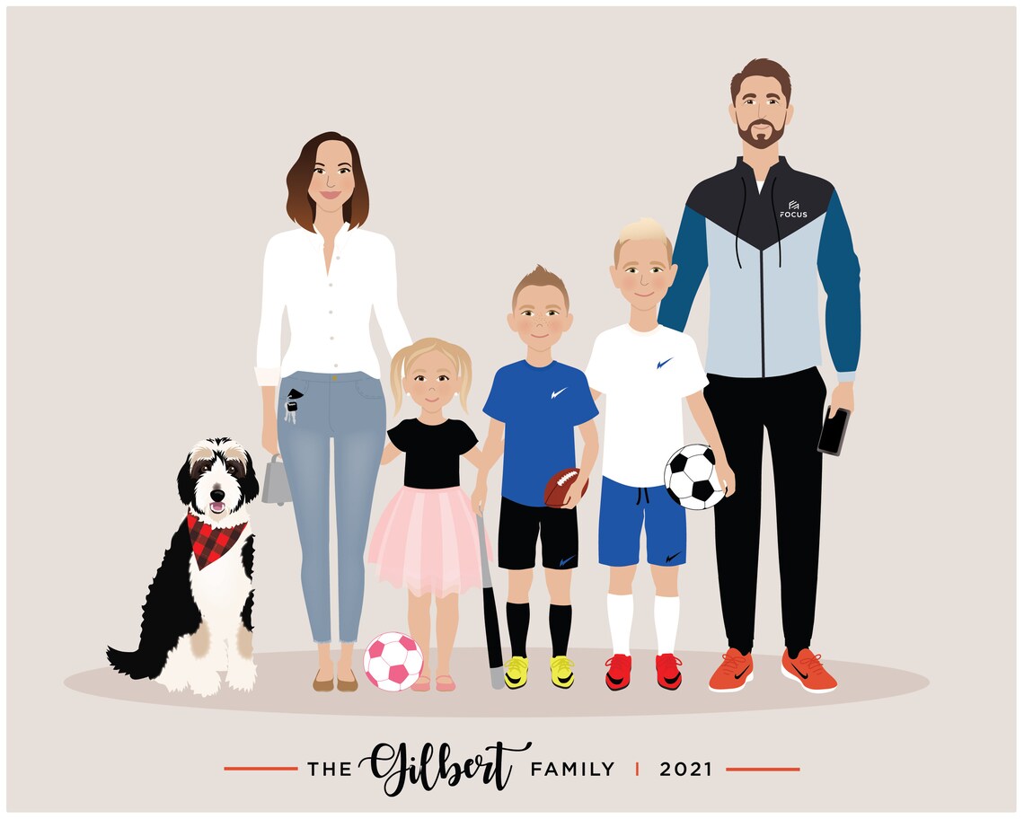 Family Illustration, Hand Drawn Portrait With Pets - Image 3