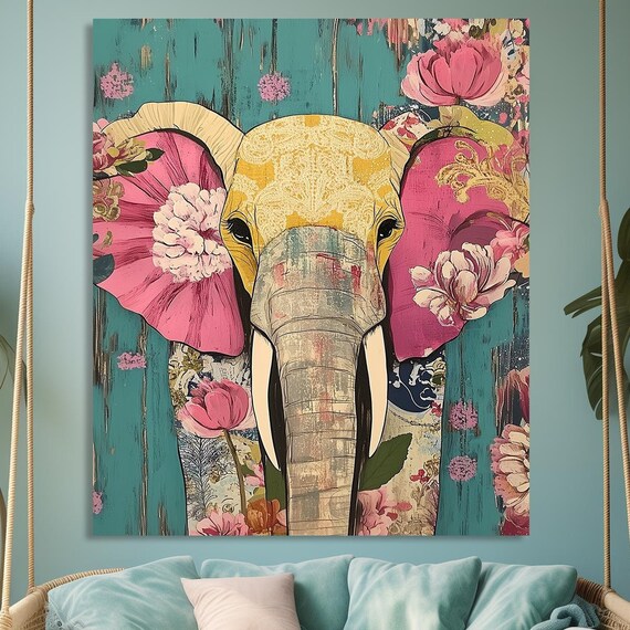 Elephant Head Pink Flowers Teal Bohemian Jungle Style Poster