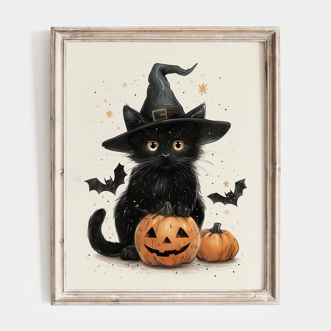 Cute Black Cat In A Witch Hat With Pumpkins And Bats Spooky Poster