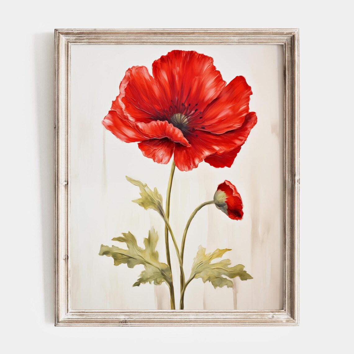 Red Poppy Bloom Botanical Oil Painting on Cream Background Poster