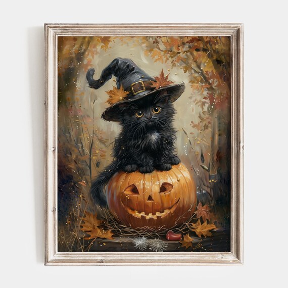 Black Kitten In A Witch Hat Sitting On A Jack-O-Lantern Poster