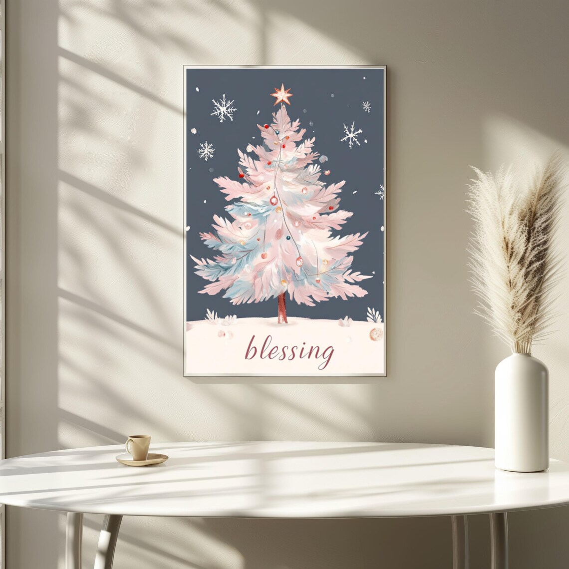 Pastel Pink Christmas Tree Watercolor Snowflakes Blessing Art Poster - Image 3