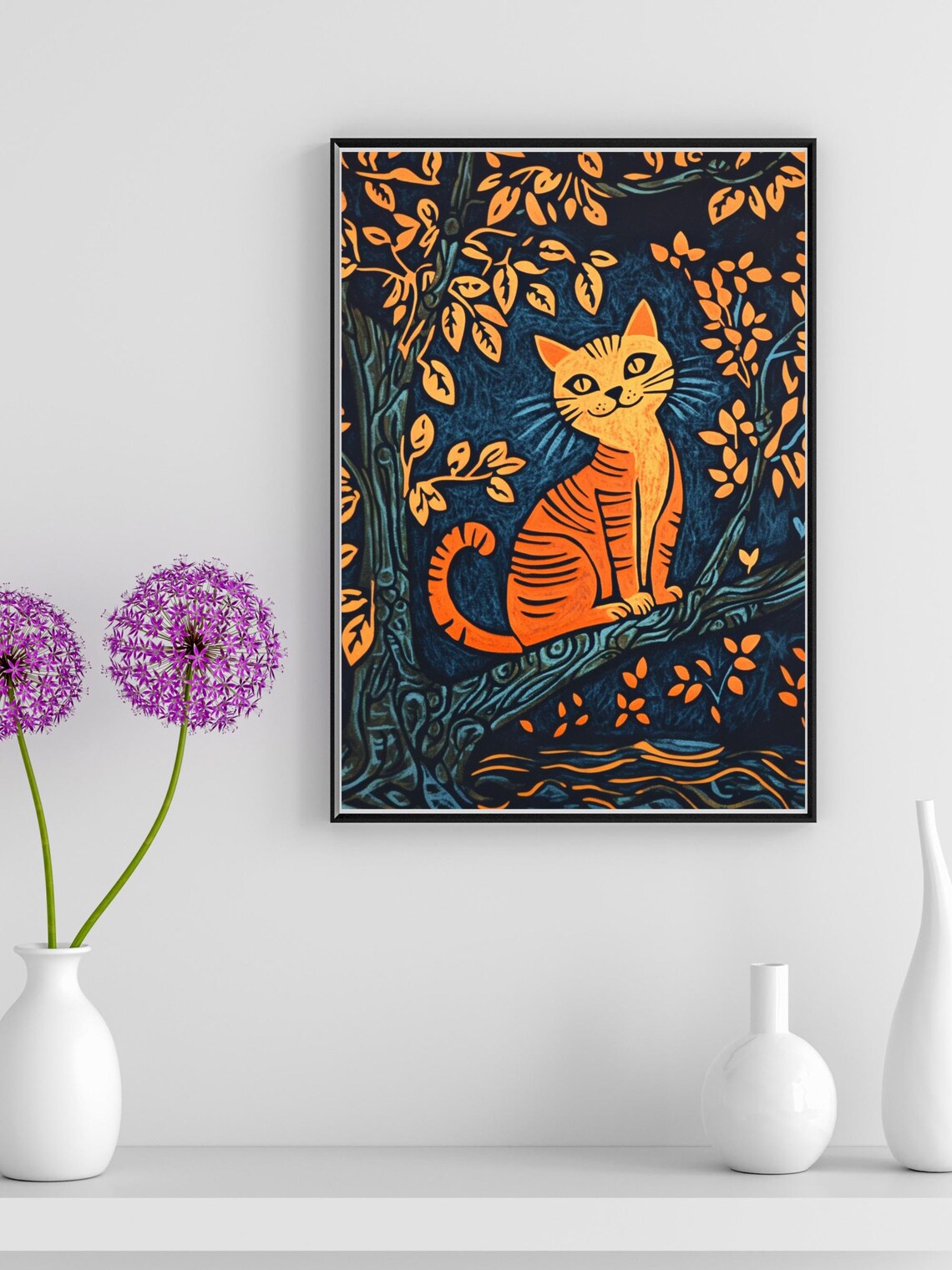 Orange Tabby Cat Woodcut Forest Style Dark Blue Nature Art Poster - Image 3