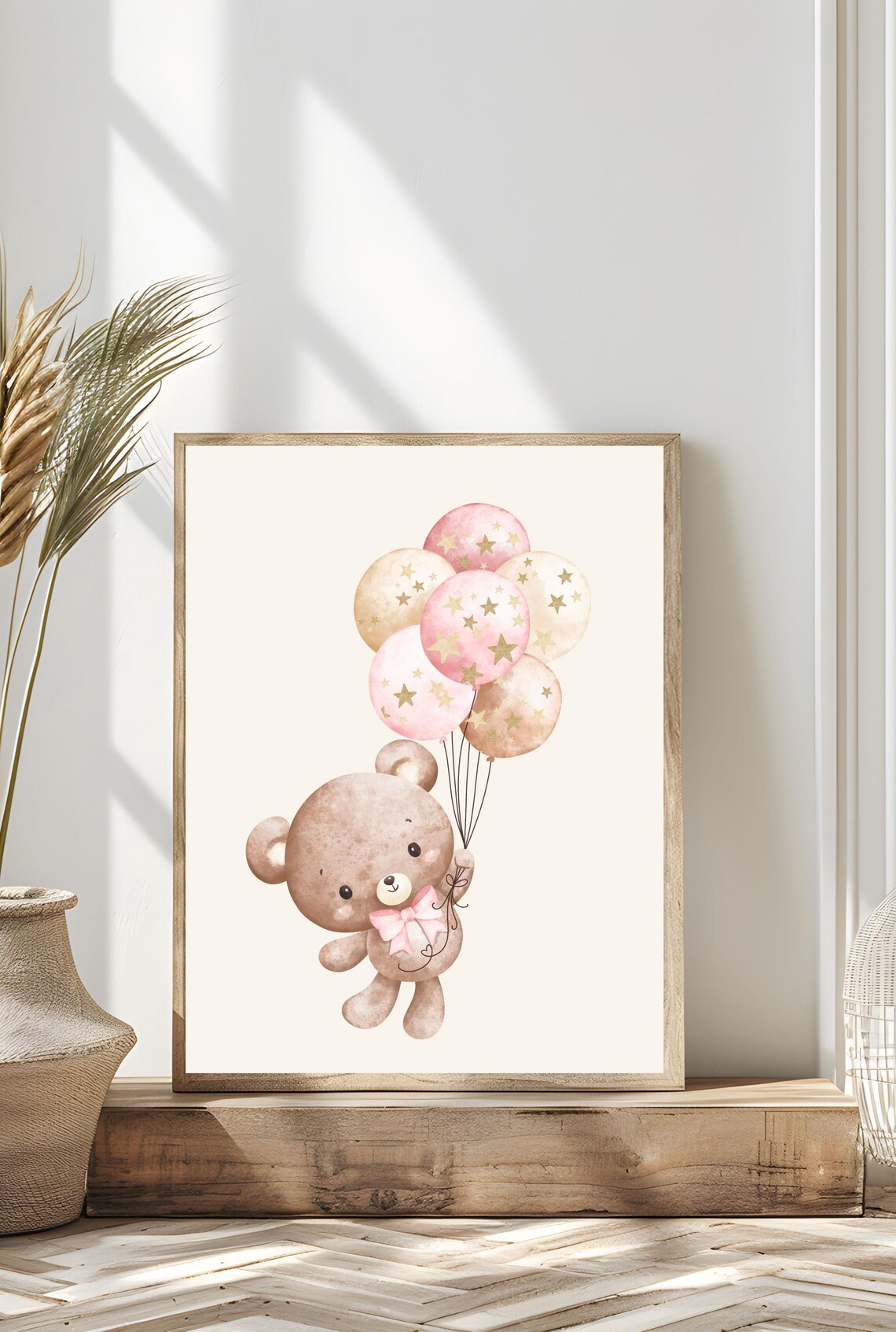 Cute Teddy Bear Watercolor Star Balloons Nursery Baby Room Poster