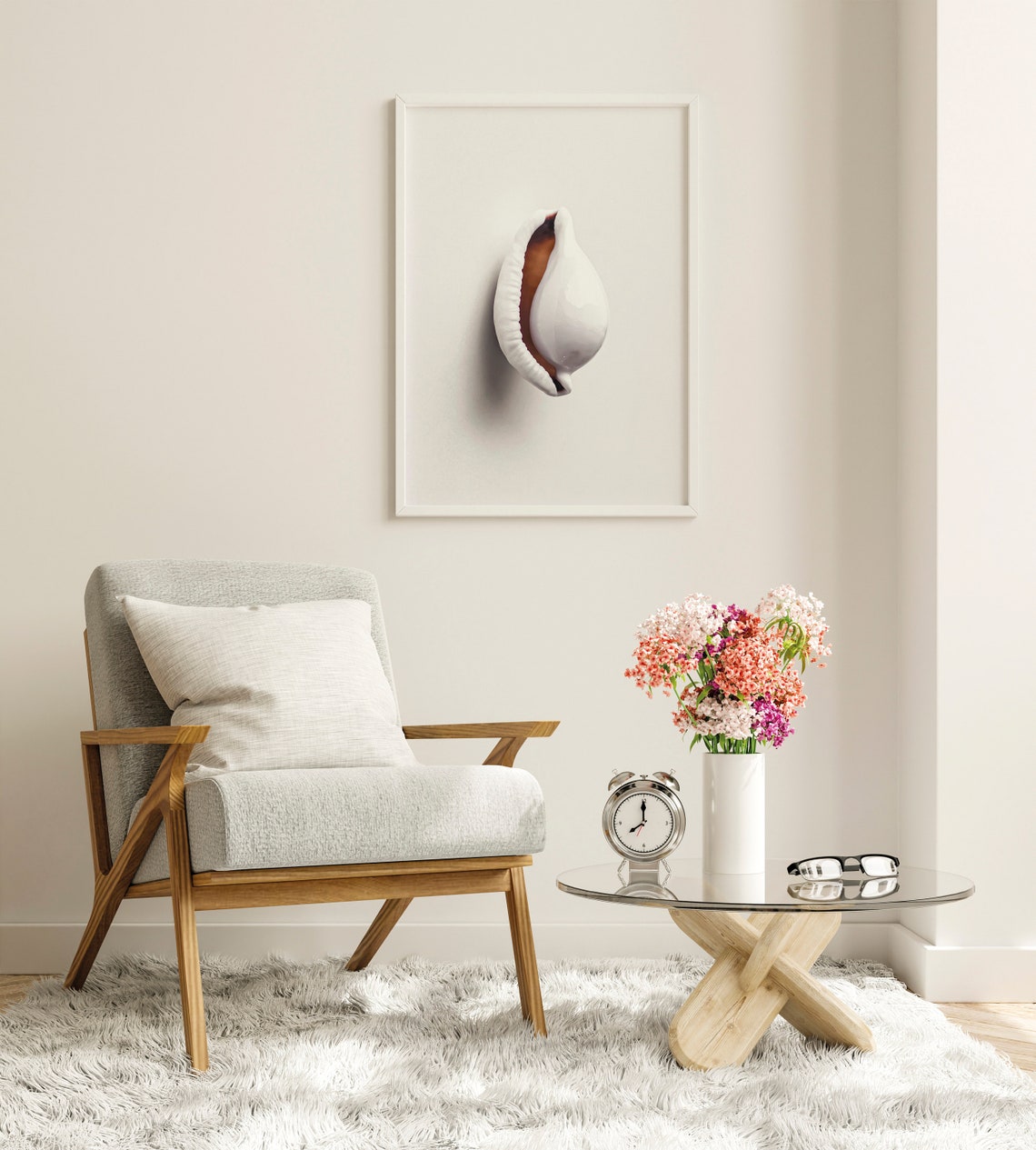 White Cowrie Seashell Minimalist Neutral Coastal Photography Print - Image 2