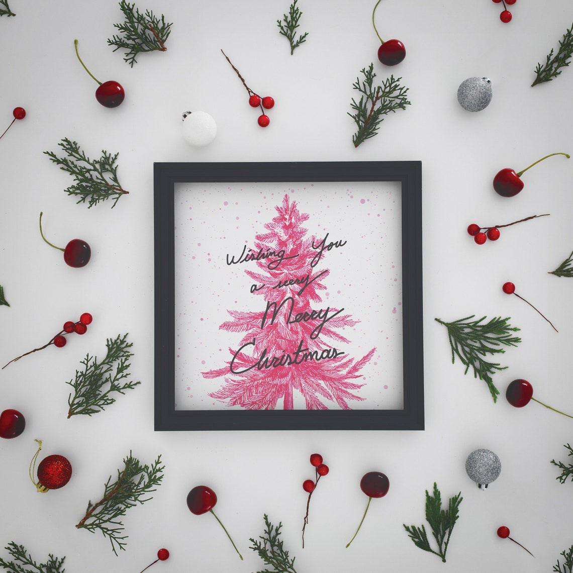Pink Watercolor Christmas Tree With Holiday Script Greeting Poster - Image 2