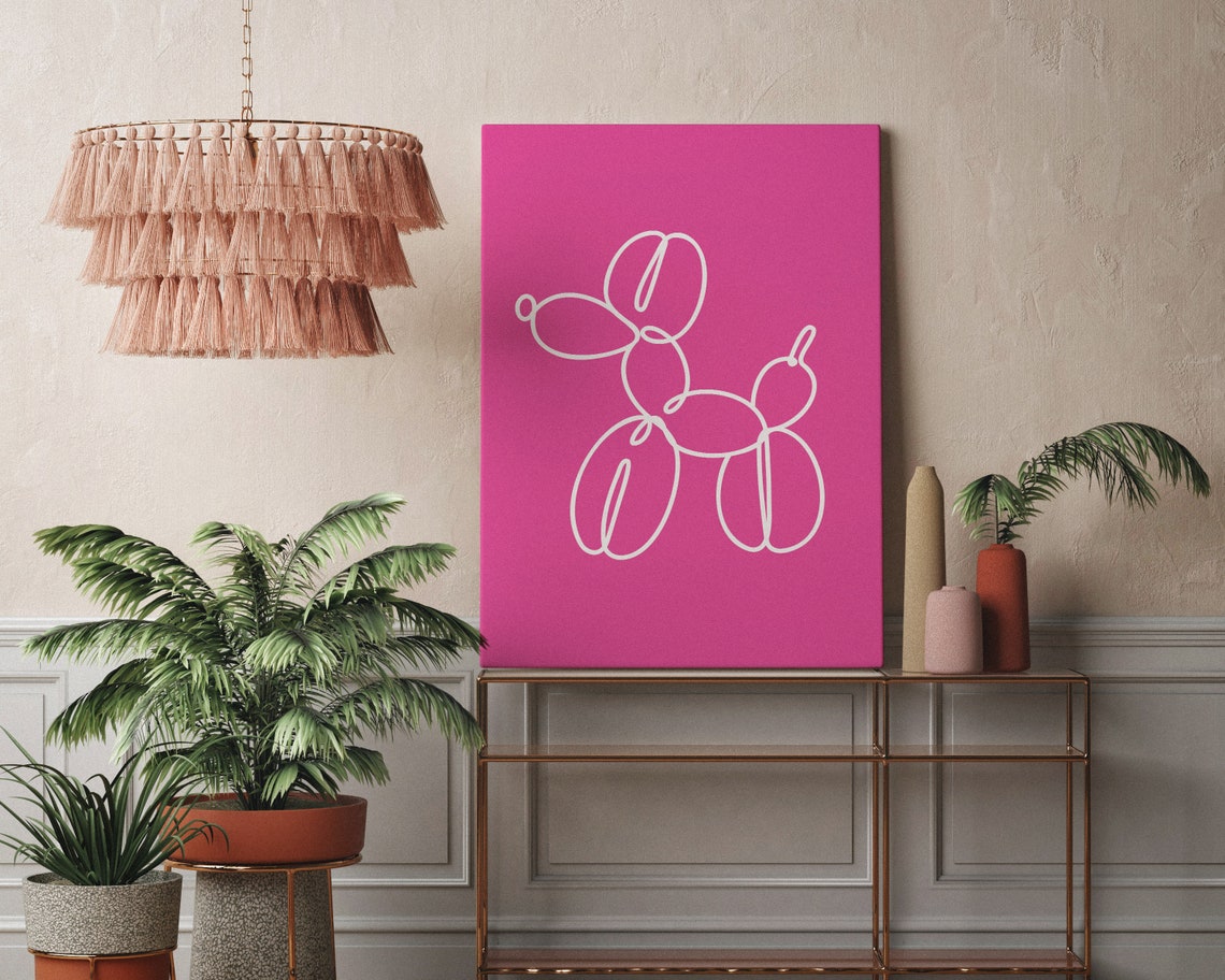 Hot Pink Balloon Dog White Outline Line Modern Pop Art Poster - Image 2