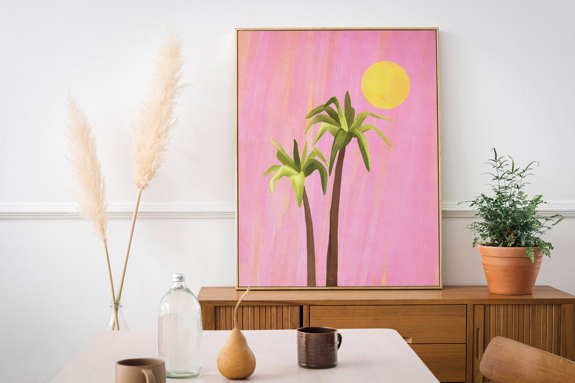 Pink Sunset Palm Trees Trendy Tropical Beach Preppy Art Print - Image 3