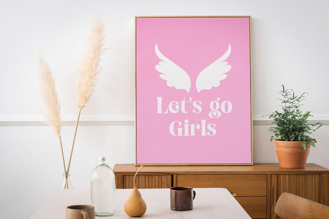 Let's Go Girls Angel Wings Pink Motivational Quote Art Poster - Image 2