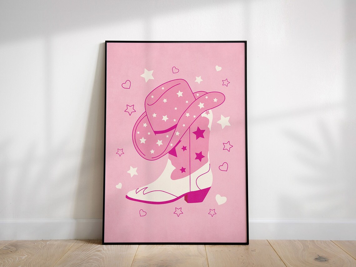 Pink Cowgirl Hat and Boot Western Illustration With Stars Poster - Image 2