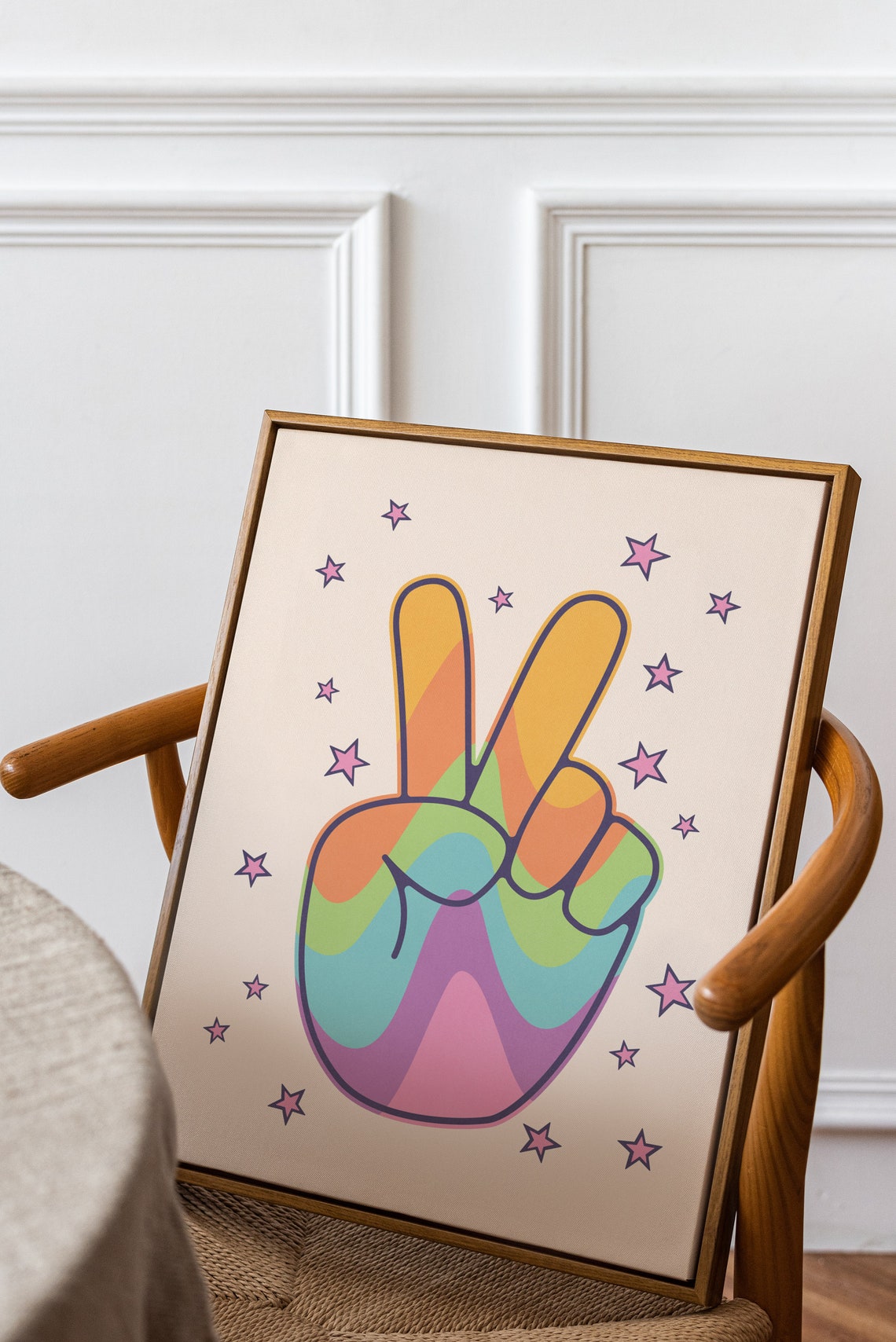Rainbow Peace Sign Hand with Pink Stars Retro Indie Wall Art - Image 2