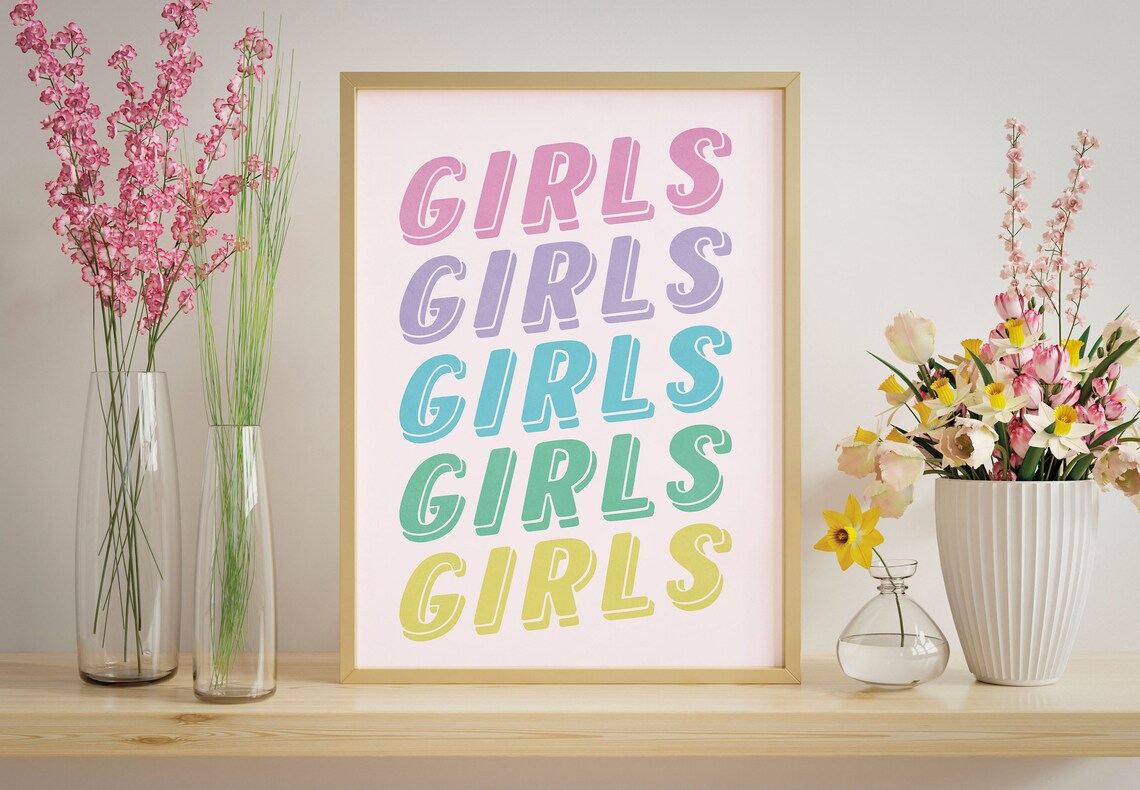 Girls Girls Girls Pastel Rainbow Typography Teen Room Wall Art - Image 3
