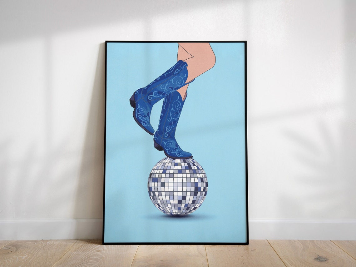 Blue Wall Art Dorm Room Decor For Girls Coastal Cowgirl Art Disco Ball Poster Disco Bachelorette Party Poster Maximalist Cowgirl Decor
