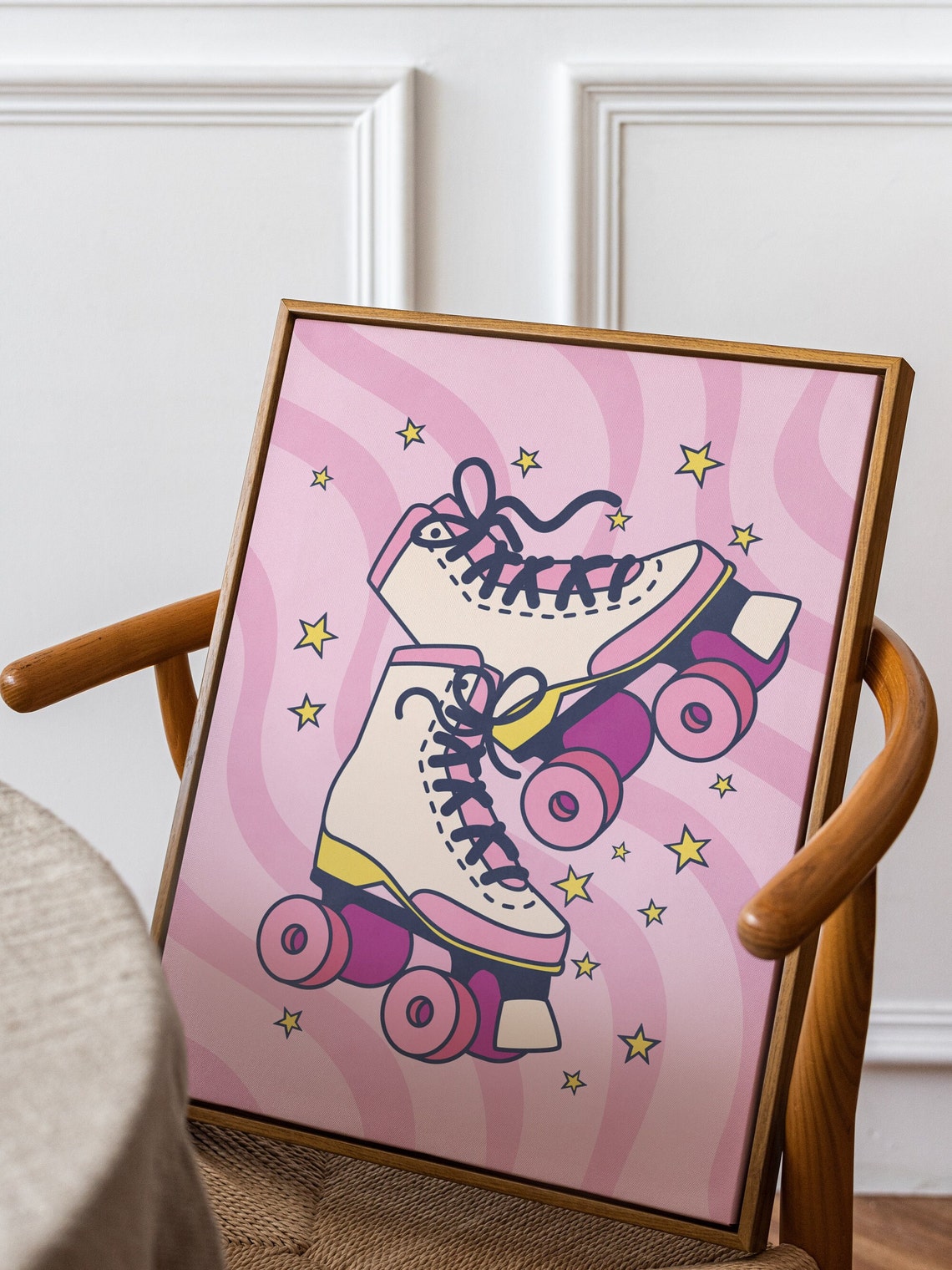 Funky Roller Skate Pair Illustration on Pink Wave Art Poster - Image 2
