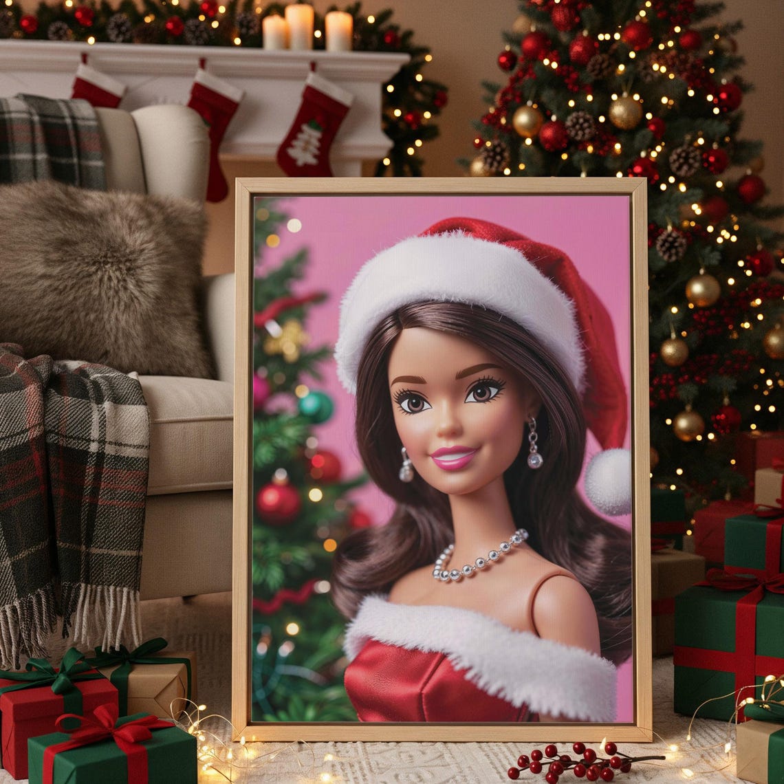 Girly Pink Christmas Wall Art Teen Girl Poster Print Holiday Decor With Festive Fashion Doll For Room And Gifts
