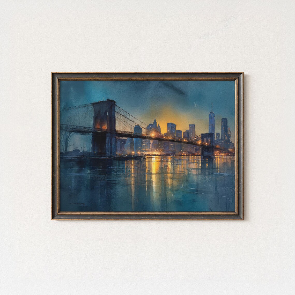 Brooklyn Bridge Night Print Nyc Skyline Reflection Urban Wall Art