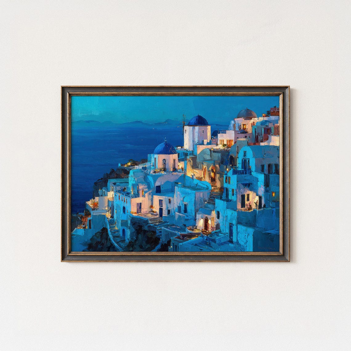 Santorini Greece Deep Blue Night Whitewashed Domes Sea View Poster