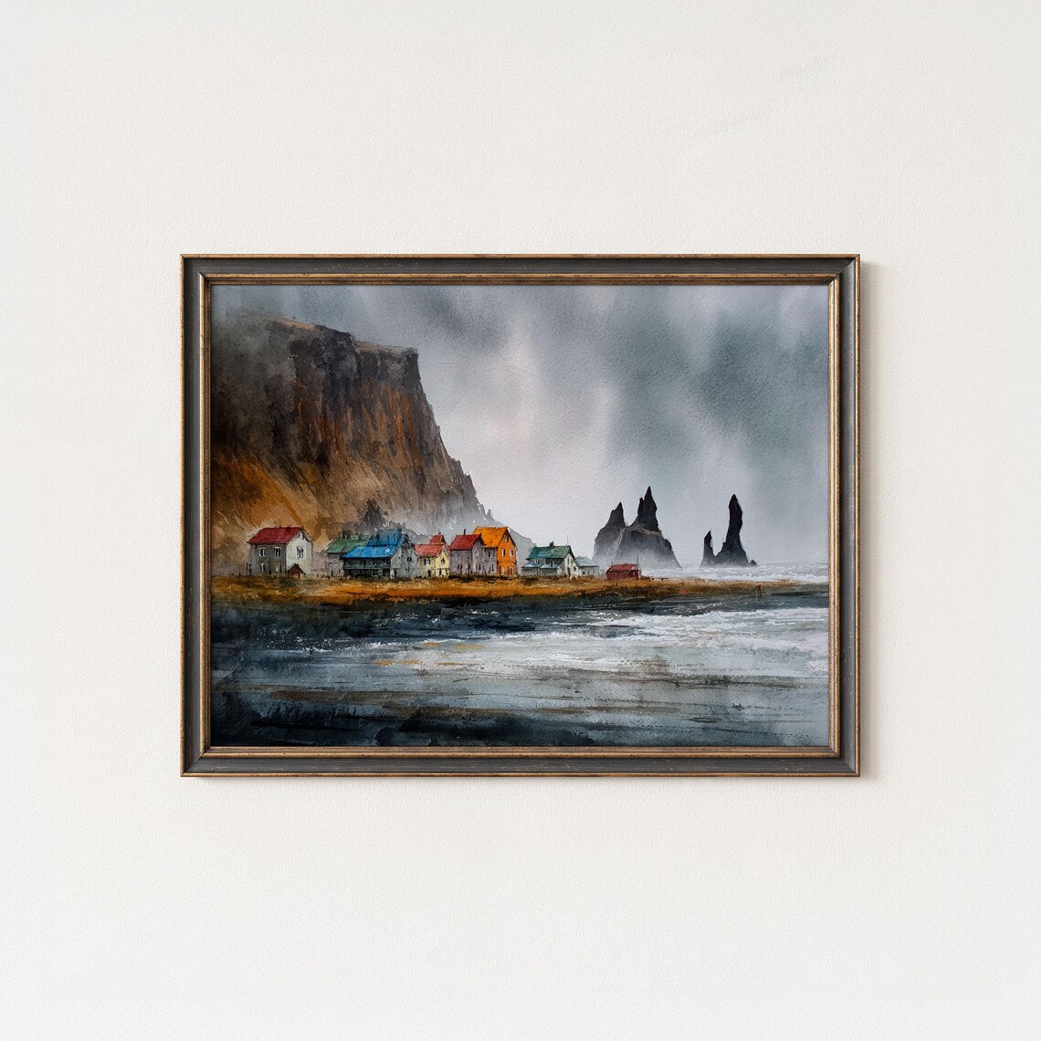 Reynisfjara Iceland Black Sand Beach Sea Stacks Watercolor Art Poster