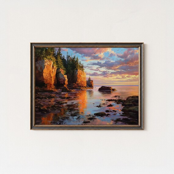 Bay of Fundy Sunset Rocky Cliffs Pine Trees Canada Coastal Seascape Poster