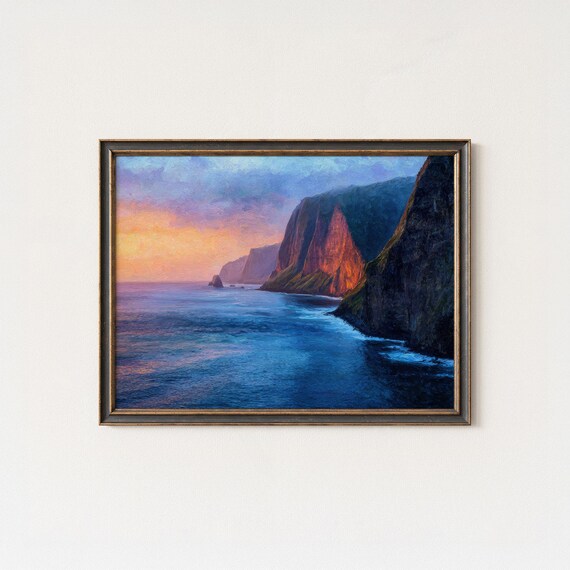 Ocean Cliffs Sunset Waves Purple Sky Coastal Painting Poster