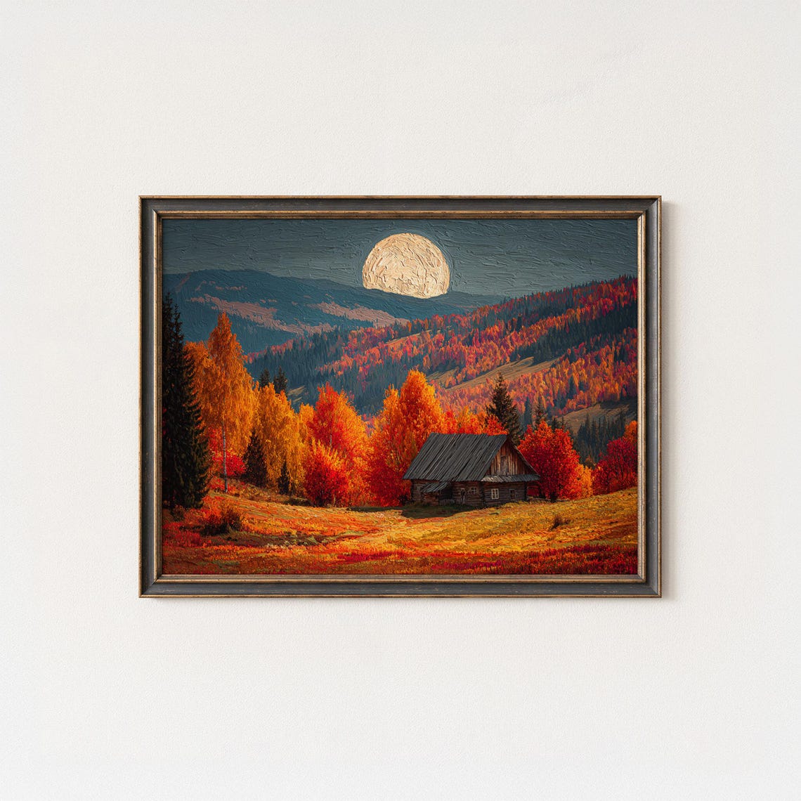 Autumn Mountain Cabin Full Moon Fiery Fall Forest Glow Poster