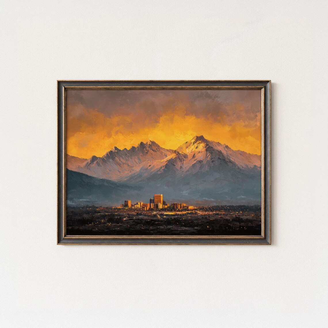 Anchorage Alaska Sunset City Skyline Mountain Oil Painting Poster