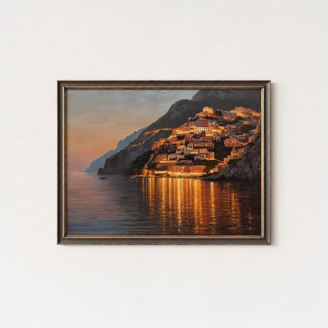 Coastal Cliffside Village Dusk Lights Ocean Reflection Evening Poster