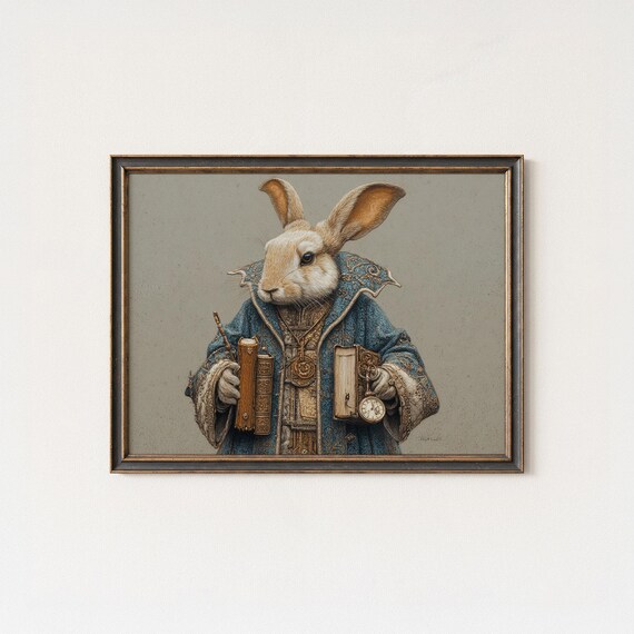 Victorian Rabbit Wall Art Print Steampunk Aristocratic Scholar Bunny With Books And Pocket Watch Whimsical Animal Decor