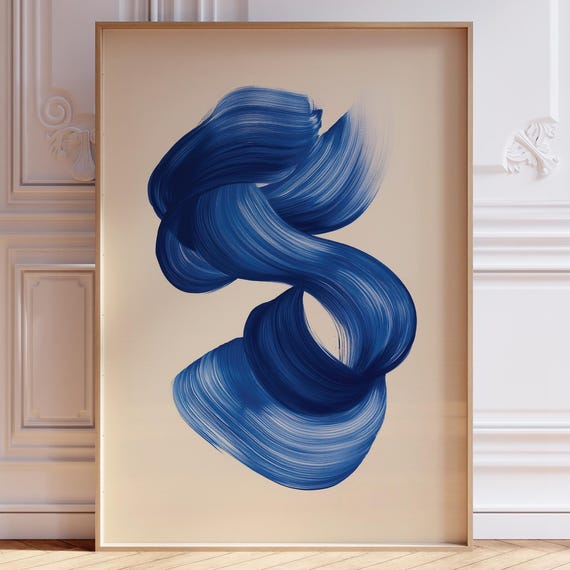Navy Blue Minimalist Abstract Wall Art Mid Century Modern Brush Strokes Print Contemporary Trendy