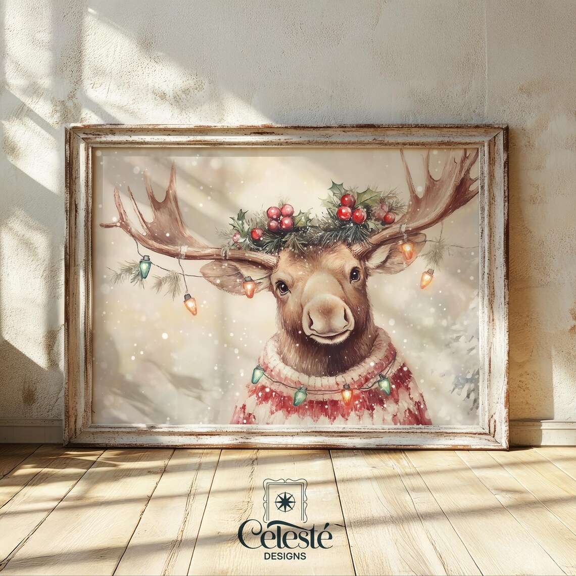 Christmas Moose in Red Sweater Holiday Poster with Holly Crown and Lights