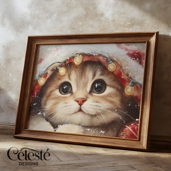 Christmas Kitten Santa Hat String Lights Cute Holiday Cat Print