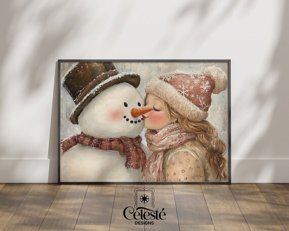 Little Girl Kissing Snowman Vintage Christmas Winter Scene Wall Art