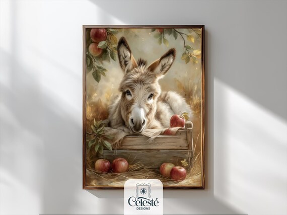 Baby Donkey in Apple Crate Fall Farmhouse Sweet Nursery Print