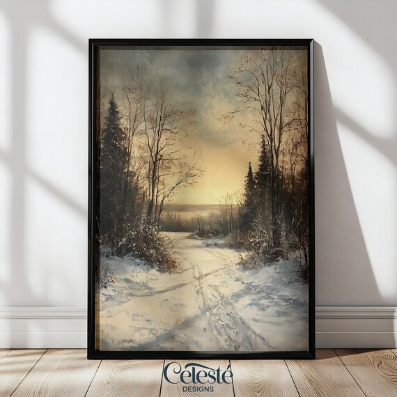 Snowy Forest Path Bare Winter Trees Golden Dusk Vintage Landscape Poster