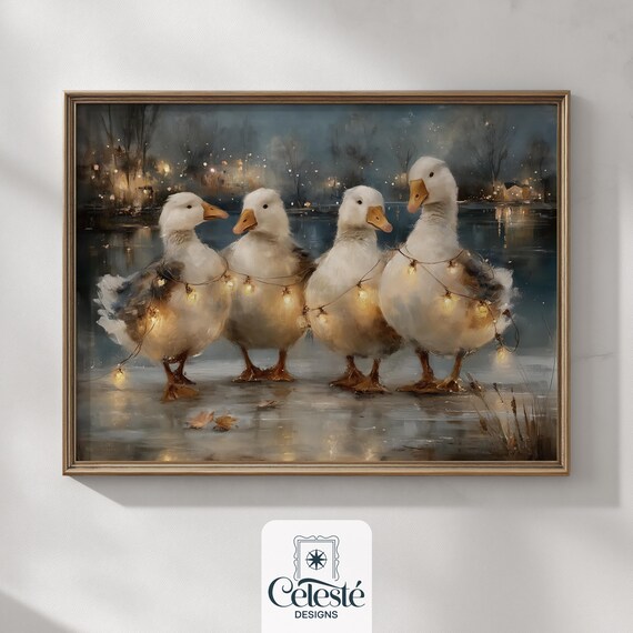 White Geese Wrapped In Christmas Lights Winter Lake Art Poster