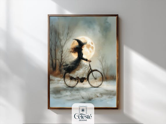 Vintage Halloween Witch Print Full Moon Bicycle Art
