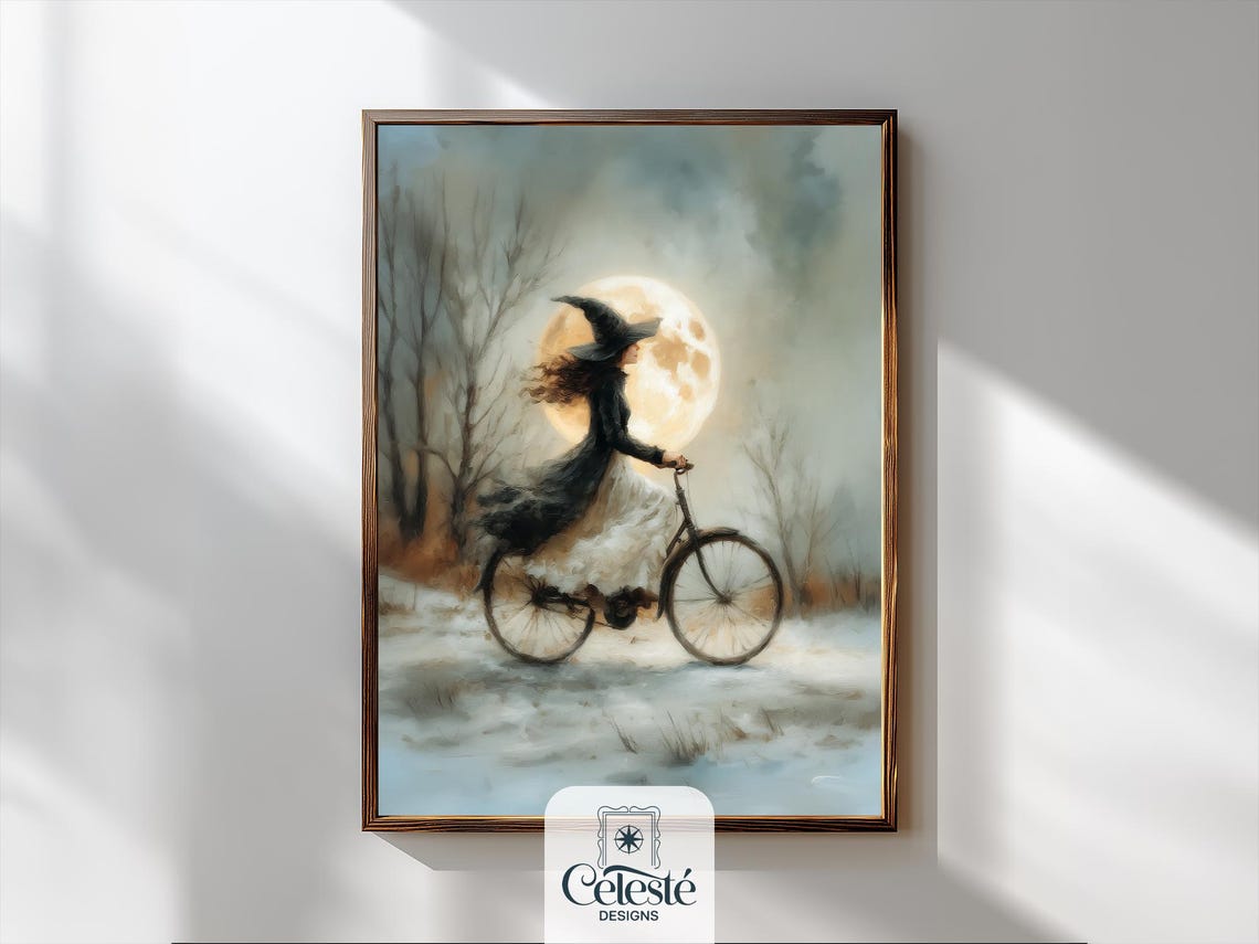 Vintage Halloween Witch Print Full Moon Bicycle Art