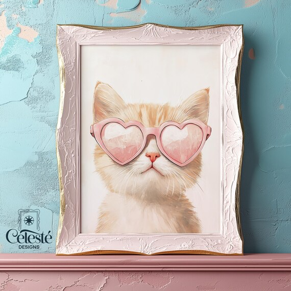 Cute Kitten Pink Heart Sunglasses Fun Girls Room Animal Wall Print