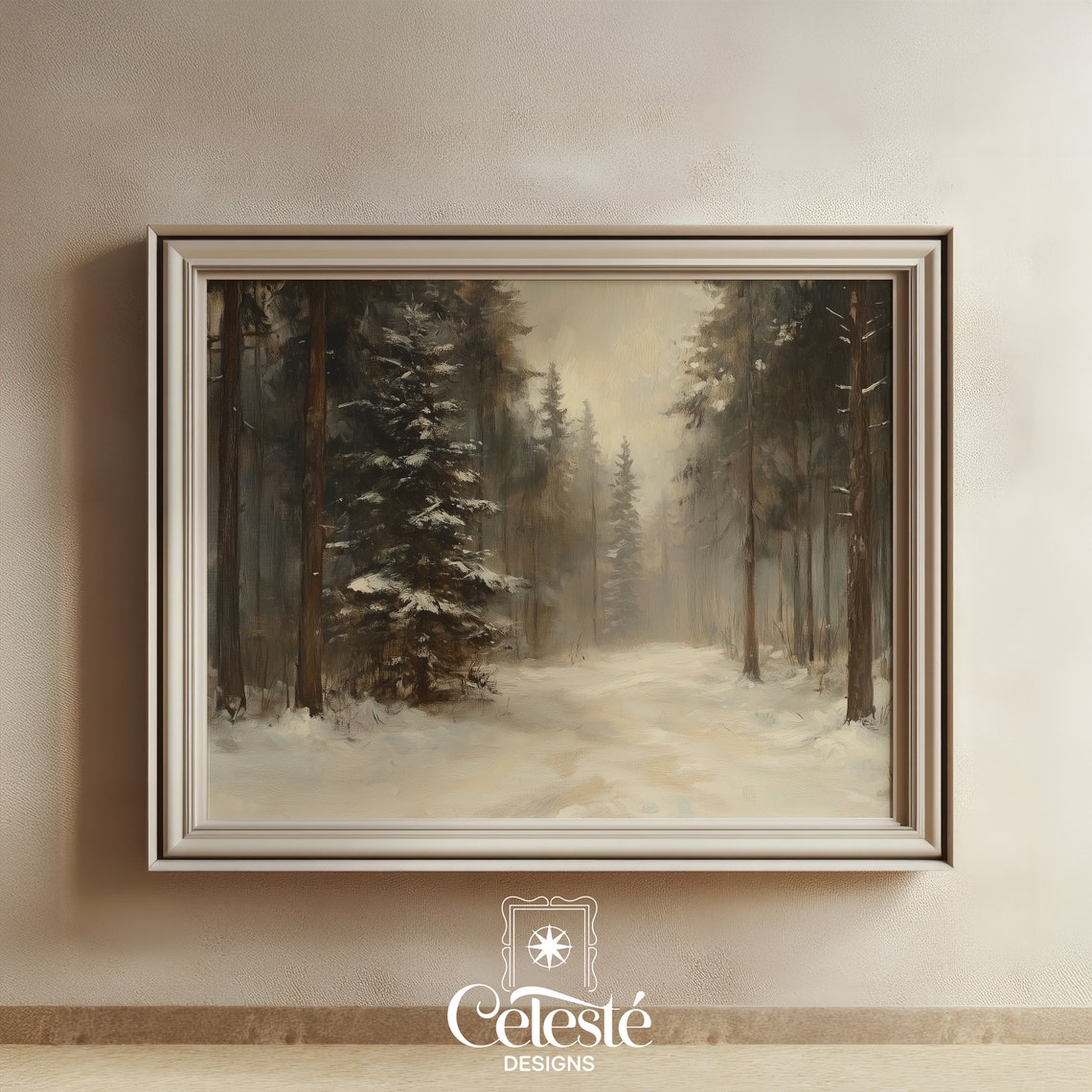 Dark Winter Forest Path Snowy Pines Moody Landscape Art Poster