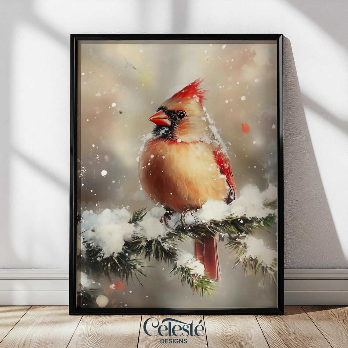 Winter Cardinal Red Bird Snowy Branch Vintage Christmas Print