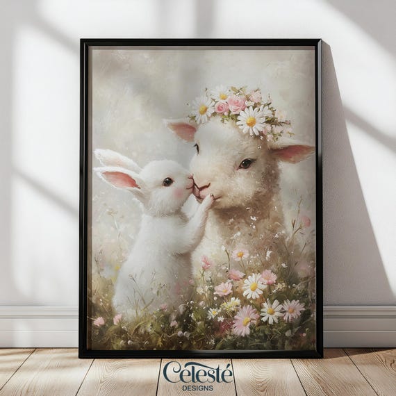 Lamb And Bunny Kiss Print Spring Nursery Art