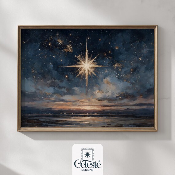 Star Of Bethlehem Golden Night Sky Over Dark Sea Christmas Poster